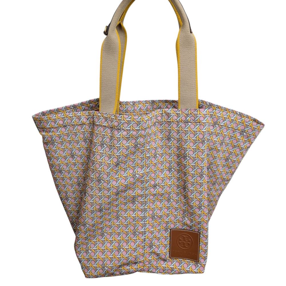 Tory Burch Printed Nylon Tote Rose Basketweave Geometric Bag - Picture 2 of 10